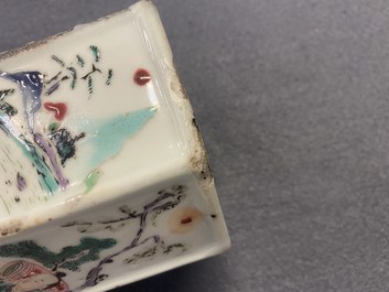 A hexagonal Chinese famille rose brush pot with figurative panels, Yongzheng